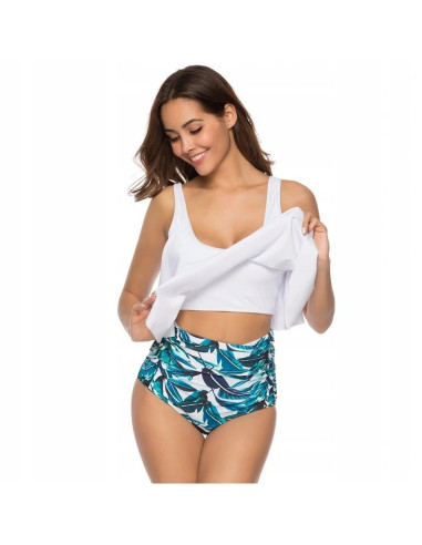 BIKINI STRÓJ KĄPIELOWY WYSOKI STAN BIAŁY LIŚĆ