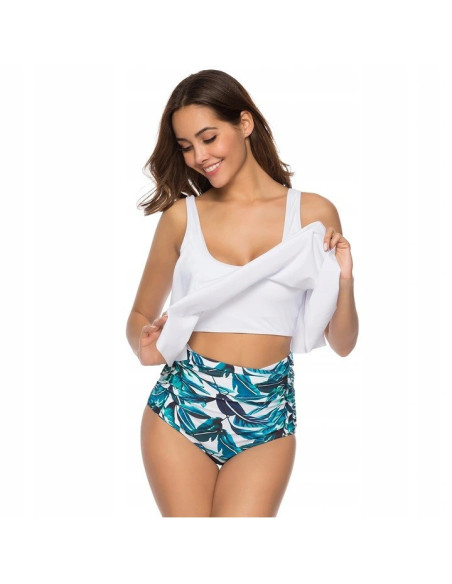 BIKINI STRÓJ KĄPIELOWY WYSOKI STAN BIAŁY LIŚĆ