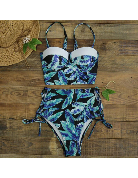 BIKINI STRÓJ KĄPIELOWY WYSOKI STAN CZARNY LIŚĆ