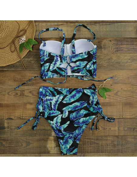 BIKINI STRÓJ KĄPIELOWY WYSOKI STAN CZARNY LIŚĆ