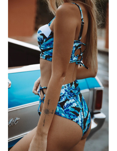 BIKINI STRÓJ KĄPIELOWY WYSOKI STAN CZARNY LIŚĆ