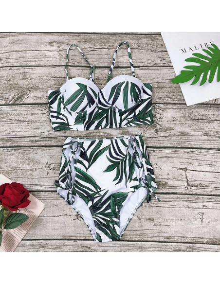 BIKINI STRÓJ KĄPIELOWY WYSOKI STAN BAMBUS LIŚĆ