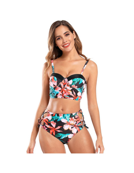BIKINI STRÓJ KĄPIELOWY WYSOKI STAN LIŚĆ KWIAT