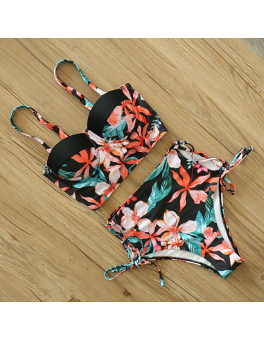 BIKINI STRÓJ KĄPIELOWY WYSOKI STAN LIŚĆ KWIAT