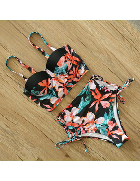 BIKINI STRÓJ KĄPIELOWY WYSOKI STAN LIŚĆ KWIAT