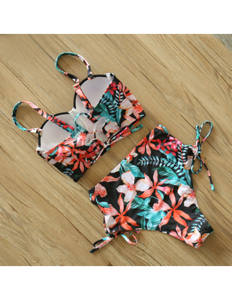 BIKINI STRÓJ KĄPIELOWY WYSOKI STAN LIŚĆ KWIAT