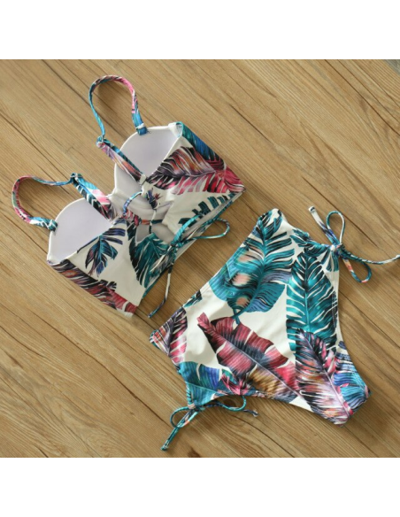 BIKINI STRÓJ KĄPIELOWY WYSOKI STAN LIŚCIE LIŚĆ