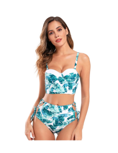 BIKINI STRÓJ KĄPIELOWY WYSOKI STAN ZIELONY LIŚĆ