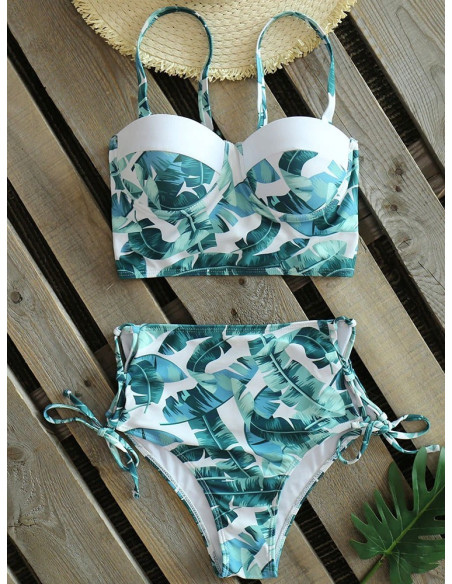 BIKINI STRÓJ KĄPIELOWY WYSOKI STAN ZIELONY LIŚĆ