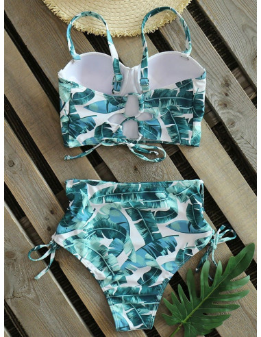 BIKINI STRÓJ KĄPIELOWY WYSOKI STAN ZIELONY LIŚĆ