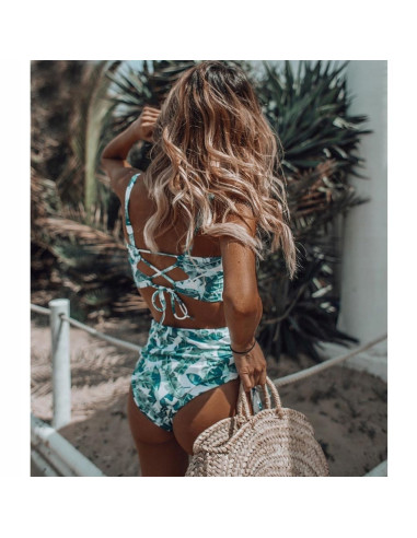 BIKINI STRÓJ KĄPIELOWY WYSOKI STAN ZIELONY LIŚĆ