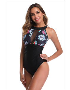 STRÓJ KOSTIUM KĄPIELOWY MONOKINI CZARNY KWIATY
