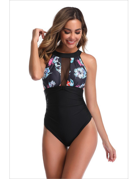 STRÓJ KOSTIUM KĄPIELOWY MONOKINI CZARNY KWIATY