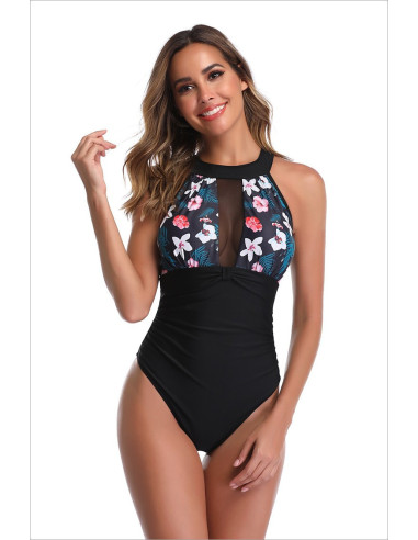 STRÓJ KOSTIUM KĄPIELOWY MONOKINI CZARNY KWIATY