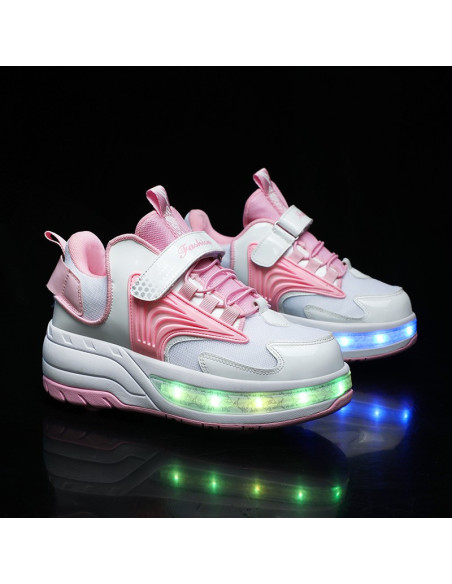 BUTOROLKI BUTY Z ROLKAMI ROLKI WROTKI BIAŁO-RÓŻOWE LED