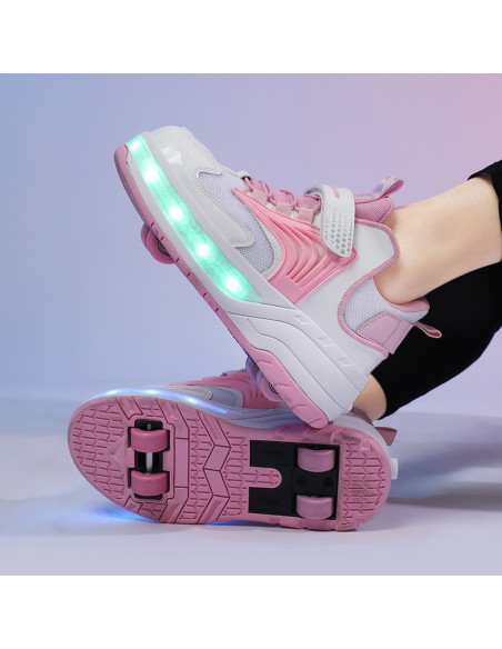 BUTOROLKI BUTY Z ROLKAMI ROLKI WROTKI BIAŁO-RÓŻOWE LED