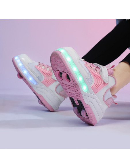 BUTOROLKI BUTY Z ROLKAMI ROLKI WROTKI BIAŁO-RÓŻOWE LED