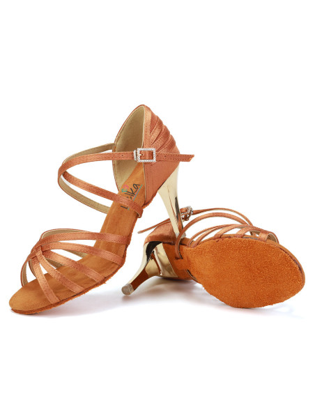 BUTY DO TAŃCA TANECZNE BRĄZOWE - ZŁOTY OBCAS 8,5cm