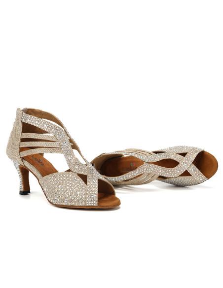 BUTY DO TAŃCA TANECZNE SZAMPAŃSKIE ZDOBIONE 7,5cm