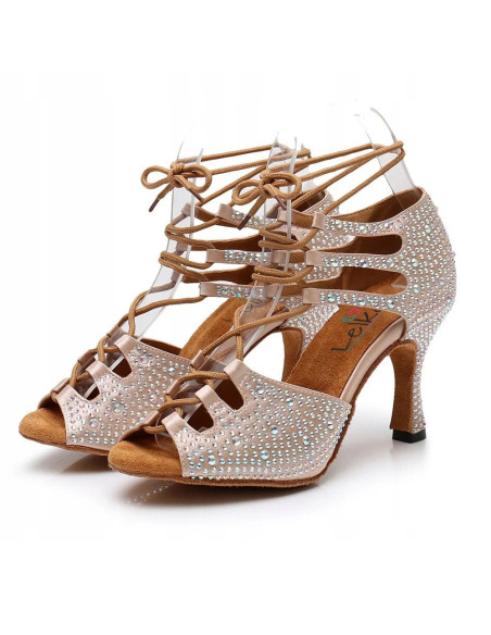 BUTY DO TAŃCA TANECZNE Z CYRKONIAMI WIĄZANE 8,5cm