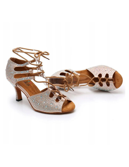 BUTY DO TAŃCA TANECZNE Z CYRKONIAMI WIĄZANE 7,5cm