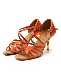 BUTY DO TAŃCA TANECZNE BRĄZOWE - ZŁOTY OBCAS 8,5cm