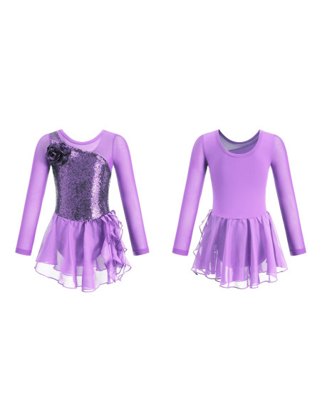 BODY BALETOWE DLA DZIEWCZYNKI Z TIULOWĄ SPÓDNICZKĄ FIOLETOWE CEKINY ROZ
