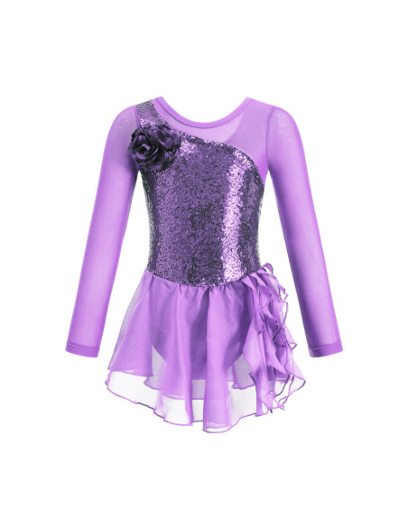 BODY BALETOWE DLA DZIEWCZYNKI Z TIULOWĄ SPÓDNICZKĄ FIOLETOWE CEKINY ROZ