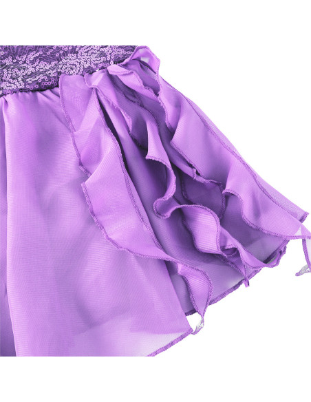 BODY BALETOWE DLA DZIEWCZYNKI Z TIULOWĄ SPÓDNICZKĄ FIOLETOWE CEKINY ROZ