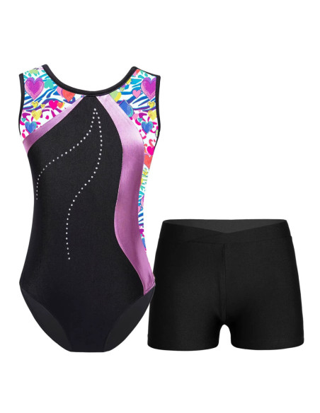 BODY GIMNASTYCZNE BALETOWE FIOLETOWE W SERCA WZORY + SPODENKI ROZ