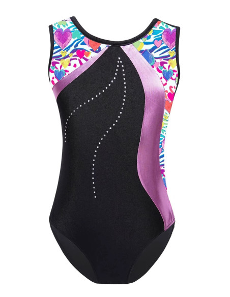 BODY GIMNASTYCZNE BALETOWE FIOLETOWE W SERCA WZORY + SPODENKI ROZ