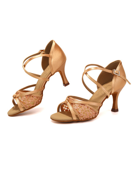 BUTY DO TAŃCA TANECZNE DAMSKIE SATYNOWE Z KORONKĄ I SZYBKIM ZAPIĘCIEM 7,5cm