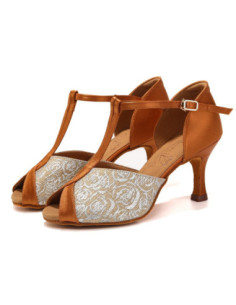 BUTY DO TAŃCA TANECZNE LATINO SALSA BRĄZOWE SREBRNE ZDOBIONE 7,5cm ROZ.41