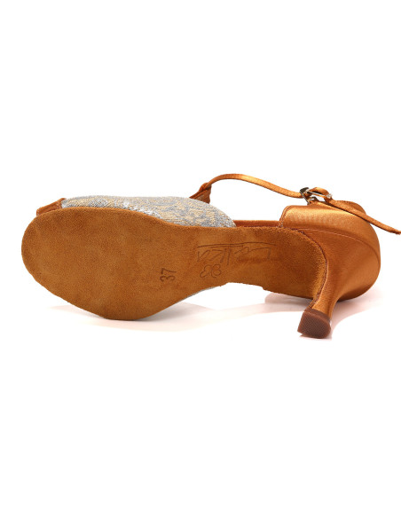 BUTY DO TAŃCA TANECZNE LATINO SALSA BRĄZOWE SREBRNE ZDOBIONE 7,5cm ROZ.41