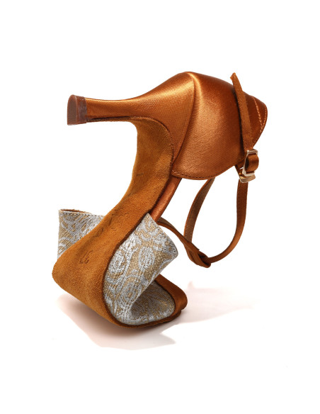 BUTY DO TAŃCA TANECZNE LATINO SALSA BRĄZOWE SREBRNE ZDOBIONE 7,5cm ROZ.41