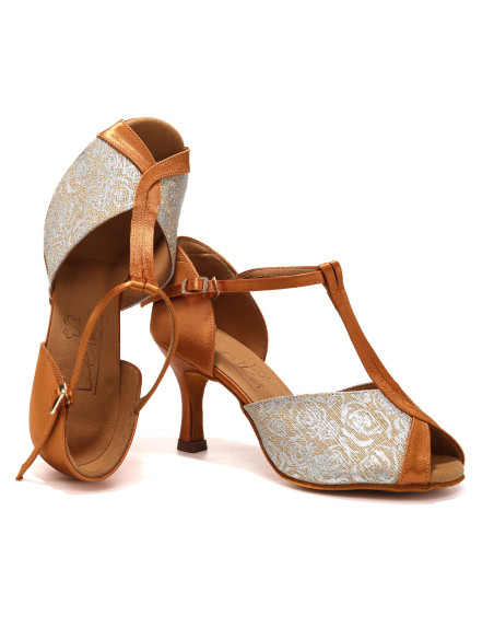 BUTY DO TAŃCA TANECZNE LATINO SALSA BRĄZOWE SREBRNE ZDOBIONE 7,5cm ROZ.41