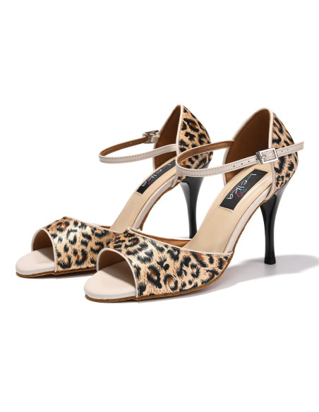 PROFESJONALNE BUTY DO TAŃCA TANECZNE TANGO LEOPARD PANTERKA SATYNA 9cm