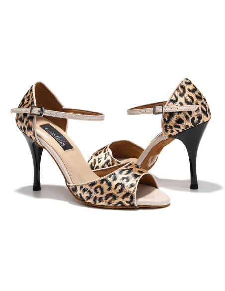 PROFESJONALNE BUTY DO TAŃCA TANECZNE TANGO LEOPARD PANTERKA SATYNA 9cm