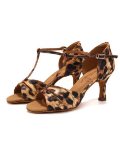 BUTY DO TAŃCA TANECZNE DAMSKIE SATYNOWE PANTERKA Z SZYBKIM ZAPIĘCIEM 7,5cm