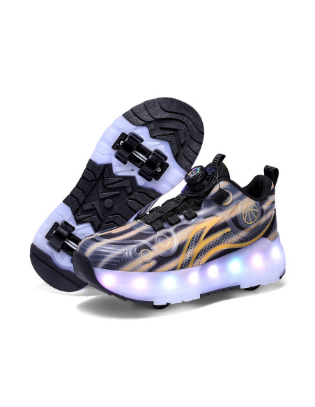 BUTY ROLKI LED BUTOROLKI ŚWIECĄCE SNEAKERSY WROTKI CZARNE ZŁOTE 2W1 ROZ.39