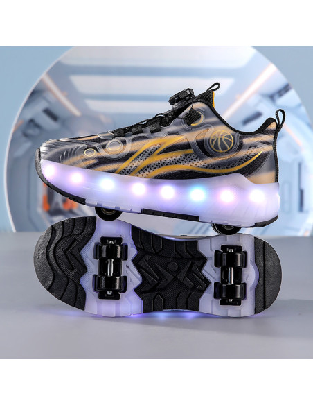 BUTY ROLKI LED BUTOROLKI ŚWIECĄCE SNEAKERSY WROTKI CZARNE ZŁOTE 2W1 ROZ.39